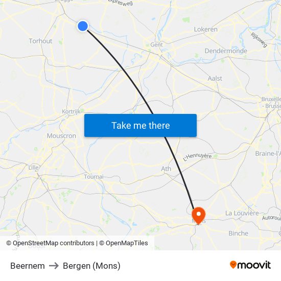 Beernem to Bergen (Mons) map