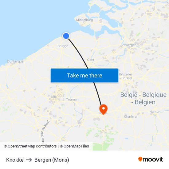 Knokke to Bergen (Mons) map