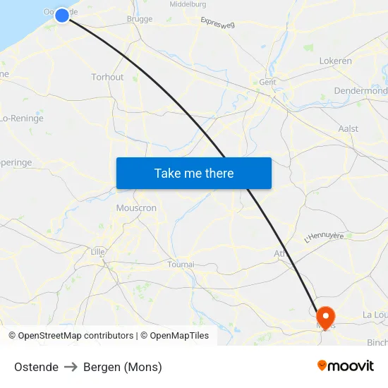 Ostende to Bergen (Mons) map