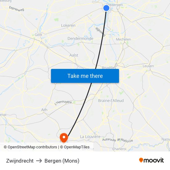 Zwijndrecht to Bergen (Mons) map