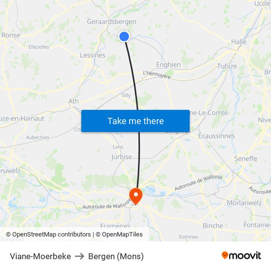Viane-Moerbeke to Bergen (Mons) map