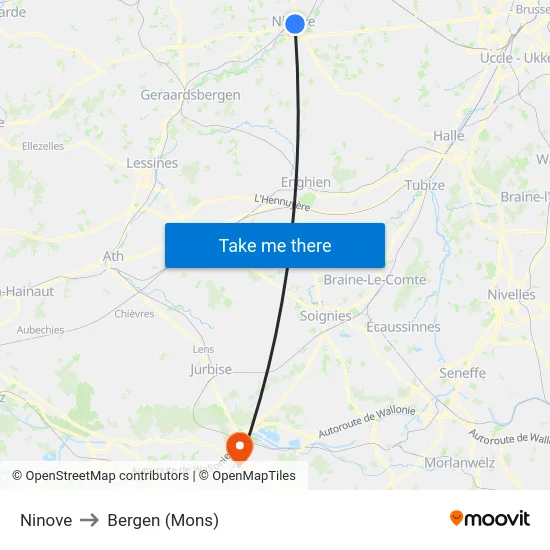Ninove to Bergen (Mons) map