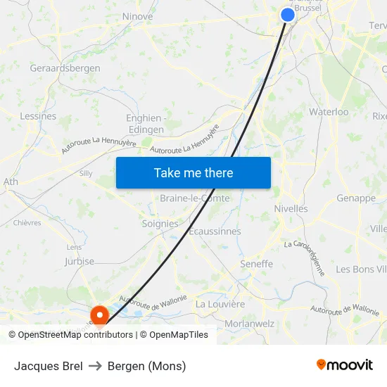 Jacques Brel to Bergen (Mons) map