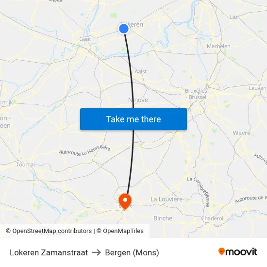 Lokeren Zamanstraat to Bergen (Mons) map