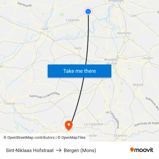 Sint-Niklaas Hofstraat to Bergen (Mons) map