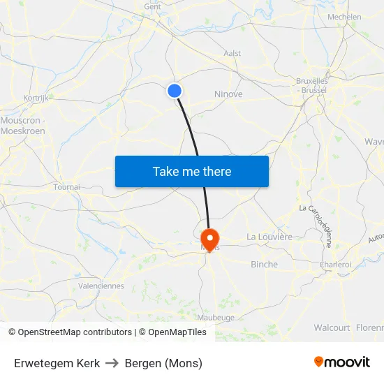 Erwetegem Kerk to Bergen (Mons) map