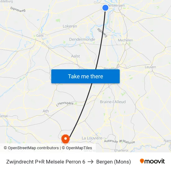 Zwijndrecht P+R Melsele Perron 6 to Bergen (Mons) map