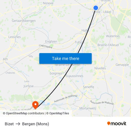 Bizet to Bergen (Mons) map