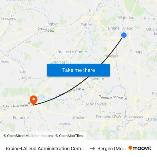 Braine-L'Alleud Administration Communale to Bergen (Mons) map