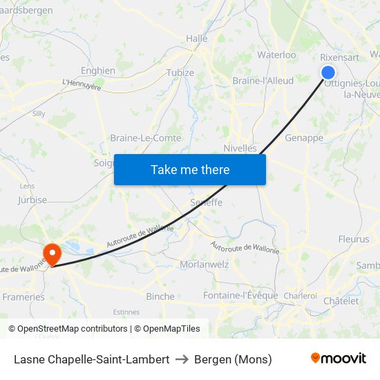 Lasne Chapelle-Saint-Lambert to Bergen (Mons) map