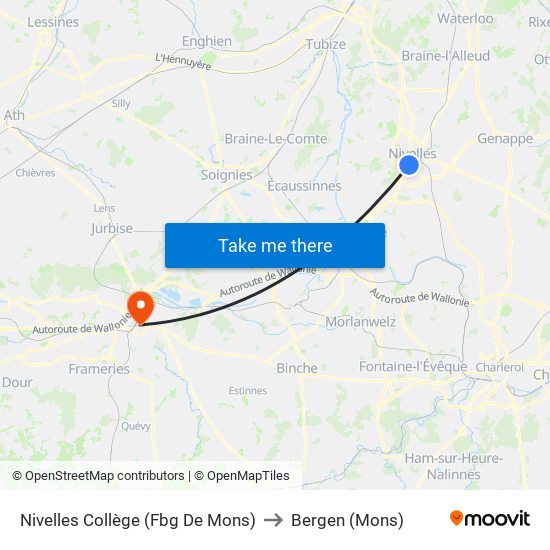 Nivelles Collège (Fbg De Mons) to Bergen (Mons) map