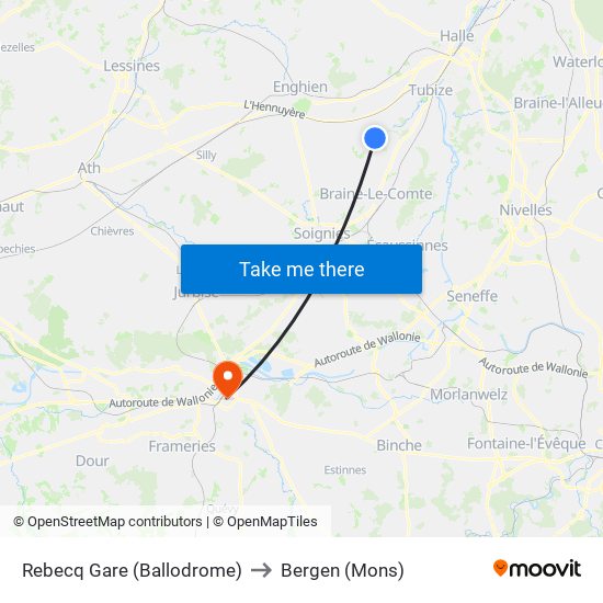 Rebecq Gare (Ballodrome) to Bergen (Mons) map