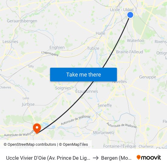 Uccle Vivier D'Oie (Av. Prince De Ligne) to Bergen (Mons) map