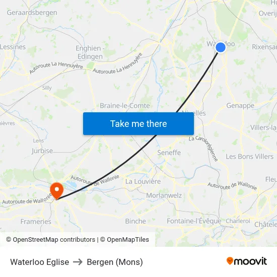 Waterloo Church to Bergen (Mons) map