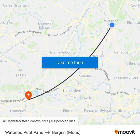 Waterloo Petit Paris to Bergen (Mons) map