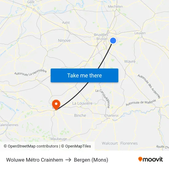 Woluwe Crainhem Metro to Bergen (Mons) map
