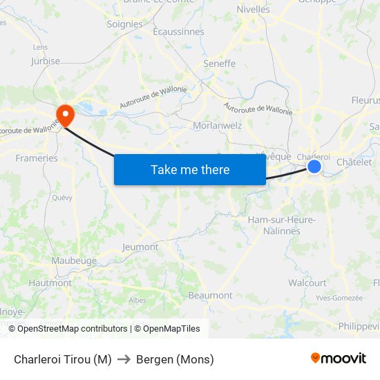 Charleroi Tirou (M) to Bergen (Mons) map