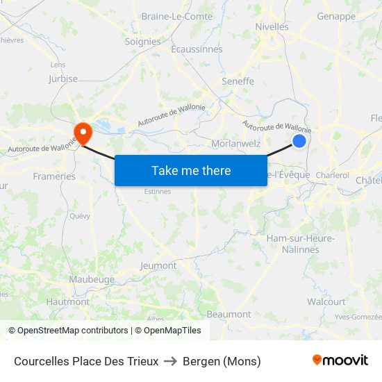 Courcelles Place Des Trieux to Bergen (Mons) map