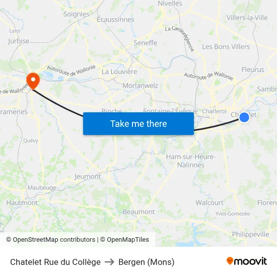 Chatelet Rue du Collège to Bergen (Mons) map