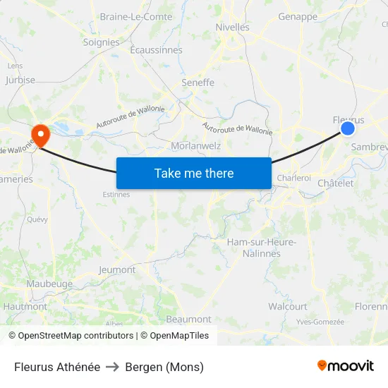 Fleurus Athénée to Bergen (Mons) map