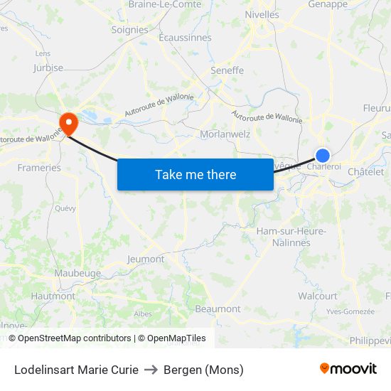 Lodelinsart Marie Curie to Bergen (Mons) map