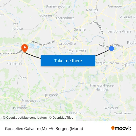 Gosselies Calvaire (M) to Bergen (Mons) map
