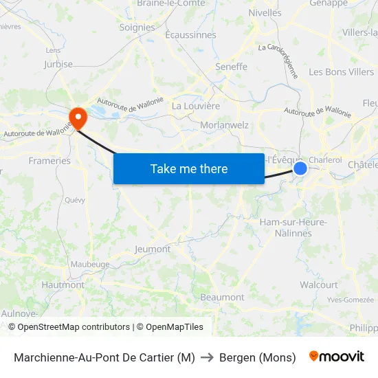Marchienne-Au-Pont De Cartier (M) to Bergen (Mons) map