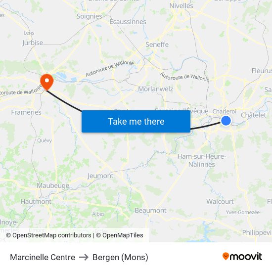 Marcinelle Centre to Bergen (Mons) map