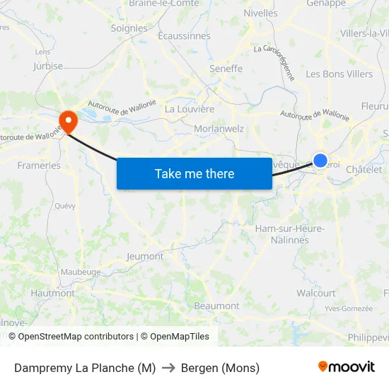 Dampremy La Planche (M) to Bergen (Mons) map