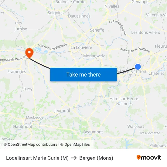 Lodelinsart Marie Curie (M) to Bergen (Mons) map