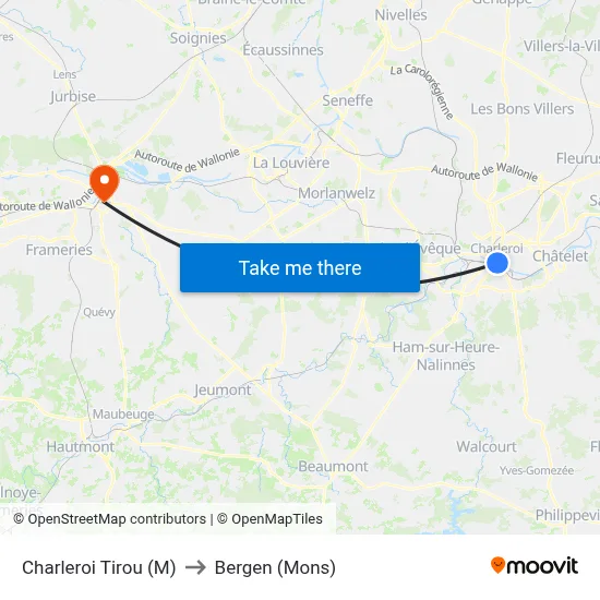Charleroi Tirou (M) to Bergen (Mons) map