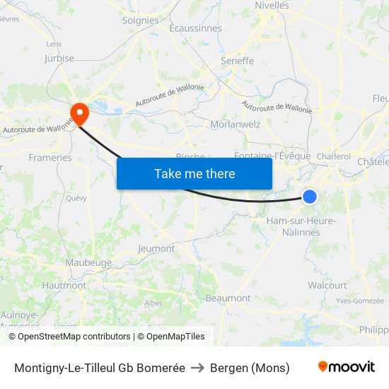 Montigny-Le-Tilleul Gb Bomerée to Bergen (Mons) map