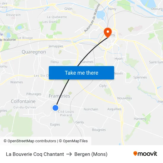 La Bouverie Singing Rooster to Bergen (Mons) map