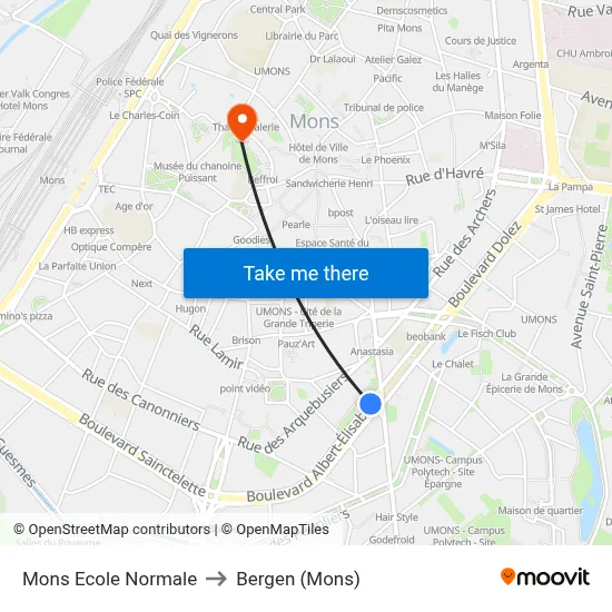 Mons Ecole Normale to Bergen (Mons) map