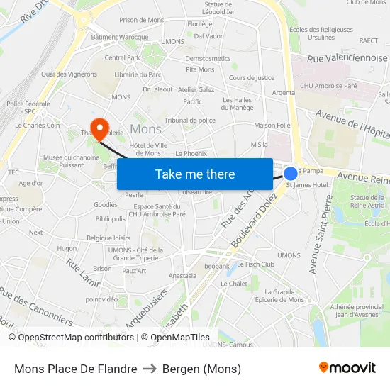 Mons Place De Flandre to Bergen (Mons) map