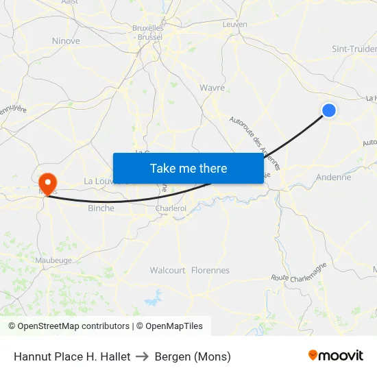 Hannut Place H. Hallet to Bergen (Mons) map