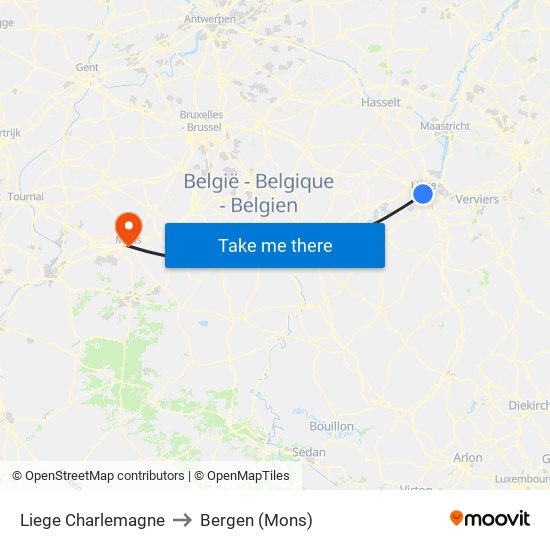 Liege Charlemagne to Bergen (Mons) map