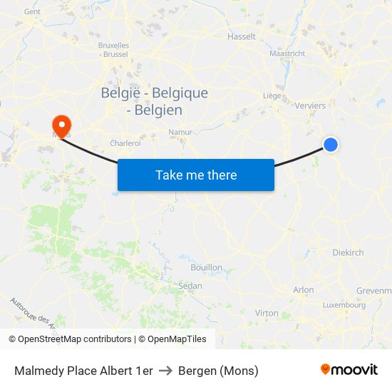 Malmedy Place Albert 1er to Bergen (Mons) map