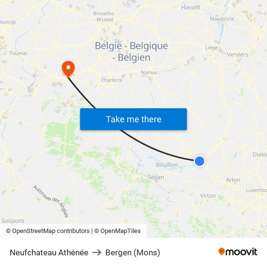 Neufchateau Athénée to Bergen (Mons) map