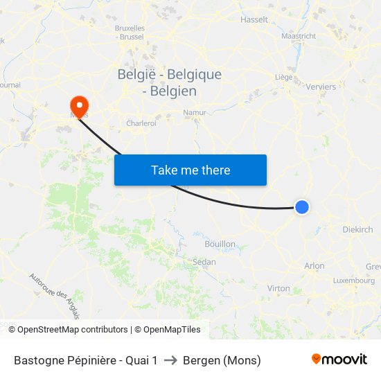 Bastogne Pépinière - Quai 1 to Bergen (Mons) map