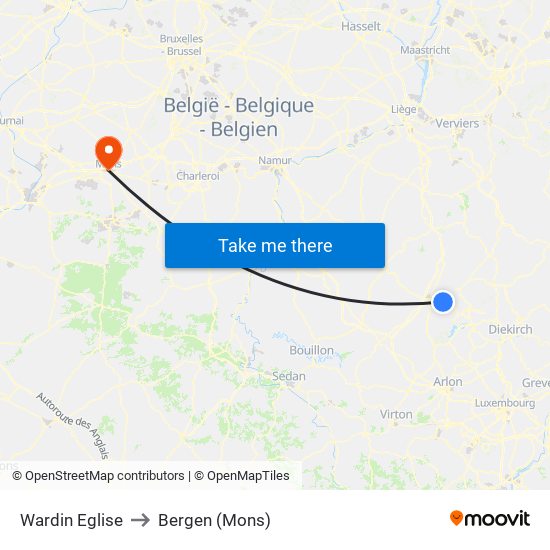 Wardin Eglise to Bergen (Mons) map