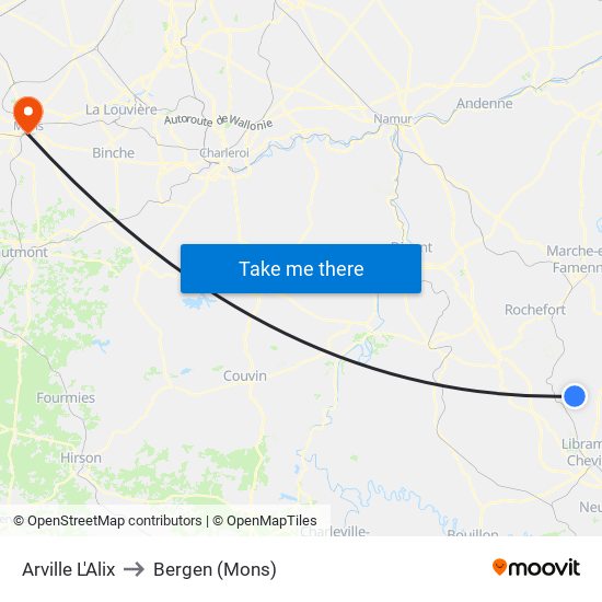 Arville L'Alix to Bergen (Mons) map