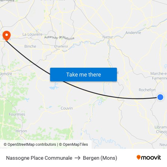 Nassogne Place Communale to Bergen (Mons) map