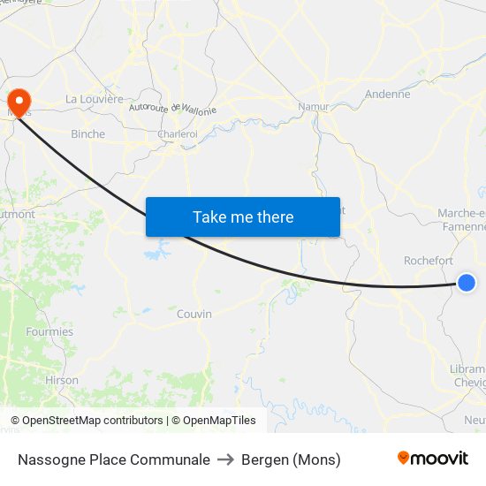 Nassogne Place Communale to Bergen (Mons) map