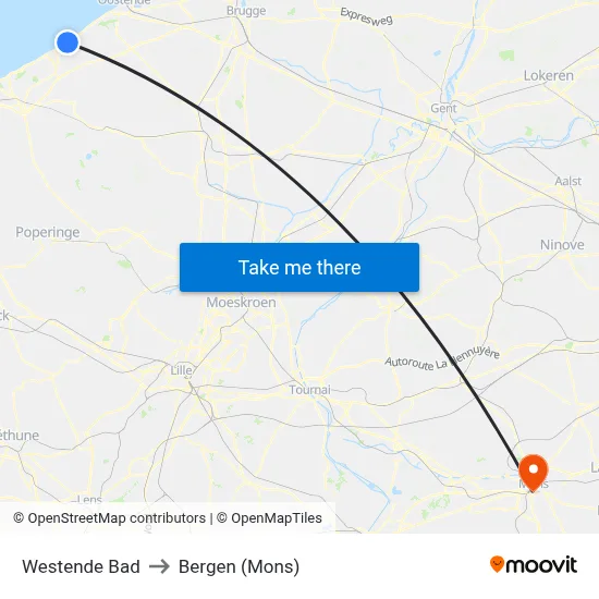 Westende Bad to Bergen (Mons) map