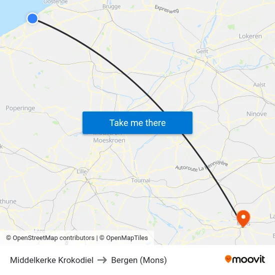Middelkerke Krokodiel to Bergen (Mons) map