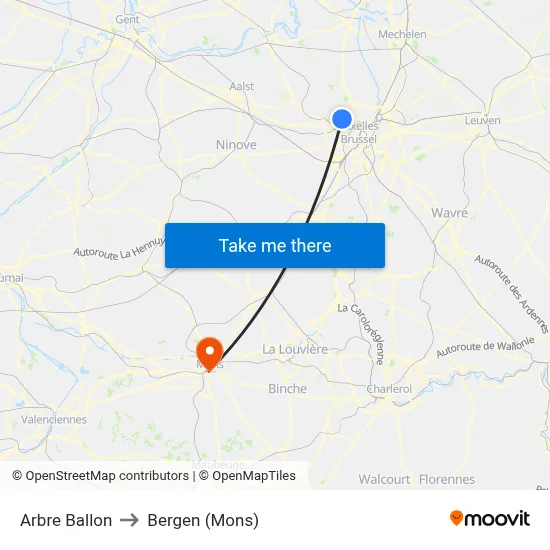 Arbre Ballon to Bergen (Mons) map