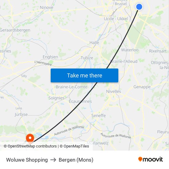 Woluwe Shopping to Bergen (Mons) map