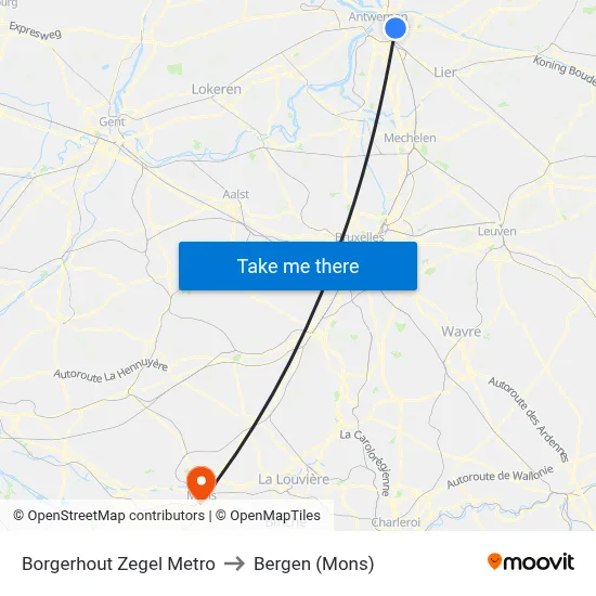 Borgerhout Zegel Metro to Bergen (Mons) map