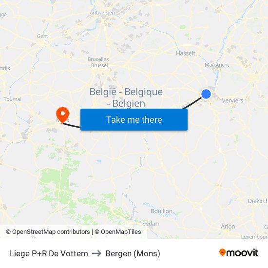 Liege P+R De Vottem to Bergen (Mons) map